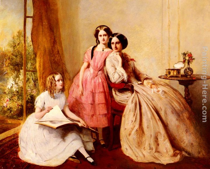 A Portrait Of Two Girls With Their Governess painting - Abraham Solomon A Portrait Of Two Girls With Their Governess art painting